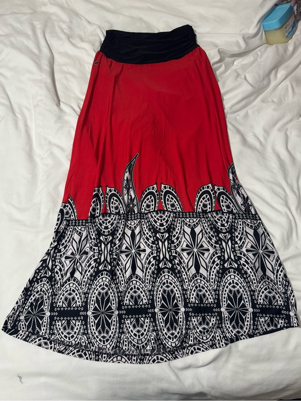 VENUS Red Maxi Skirt with Black Geometric Hem